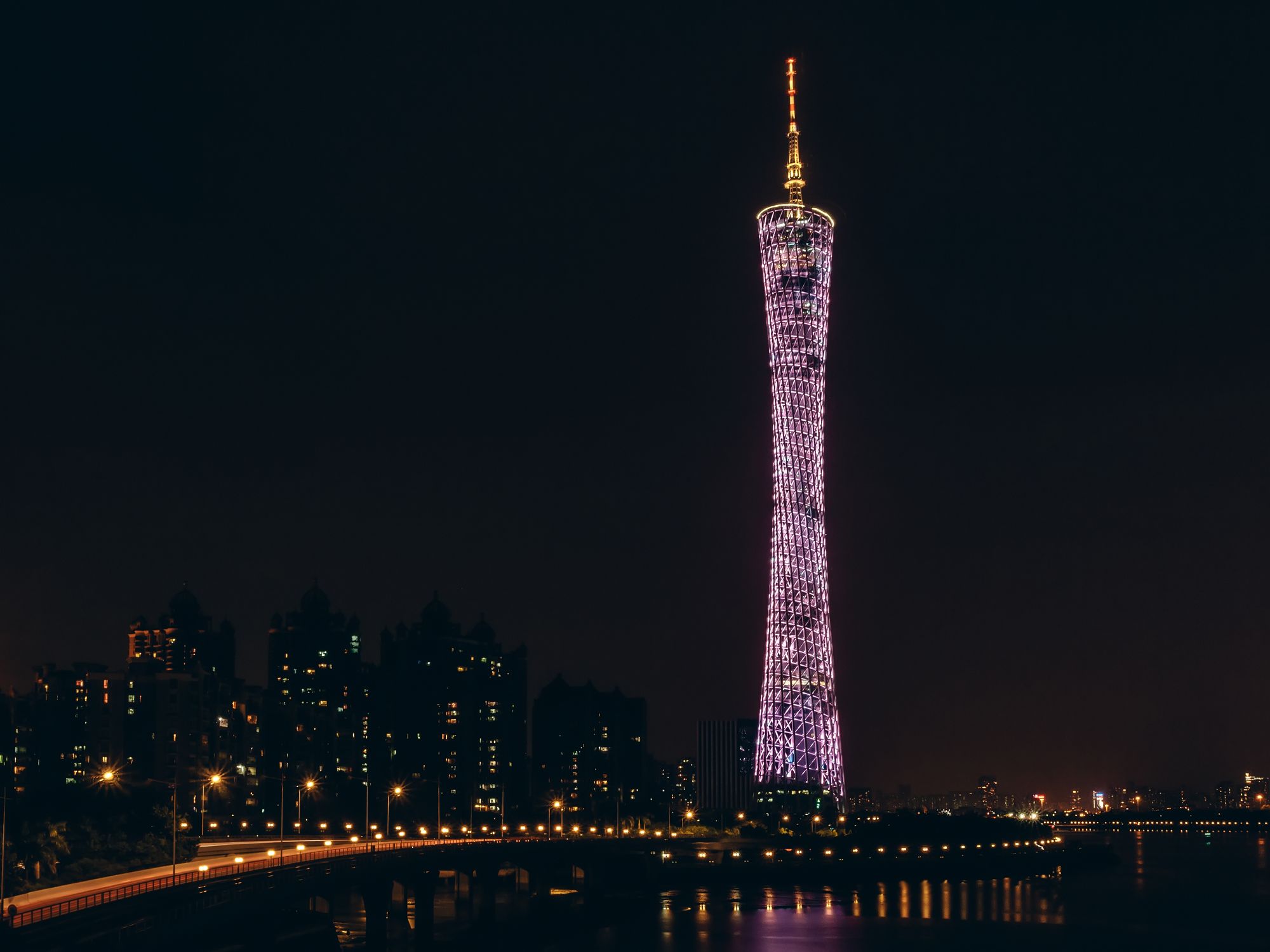 Guangzhou's skyline and Canton Tower lit up at night