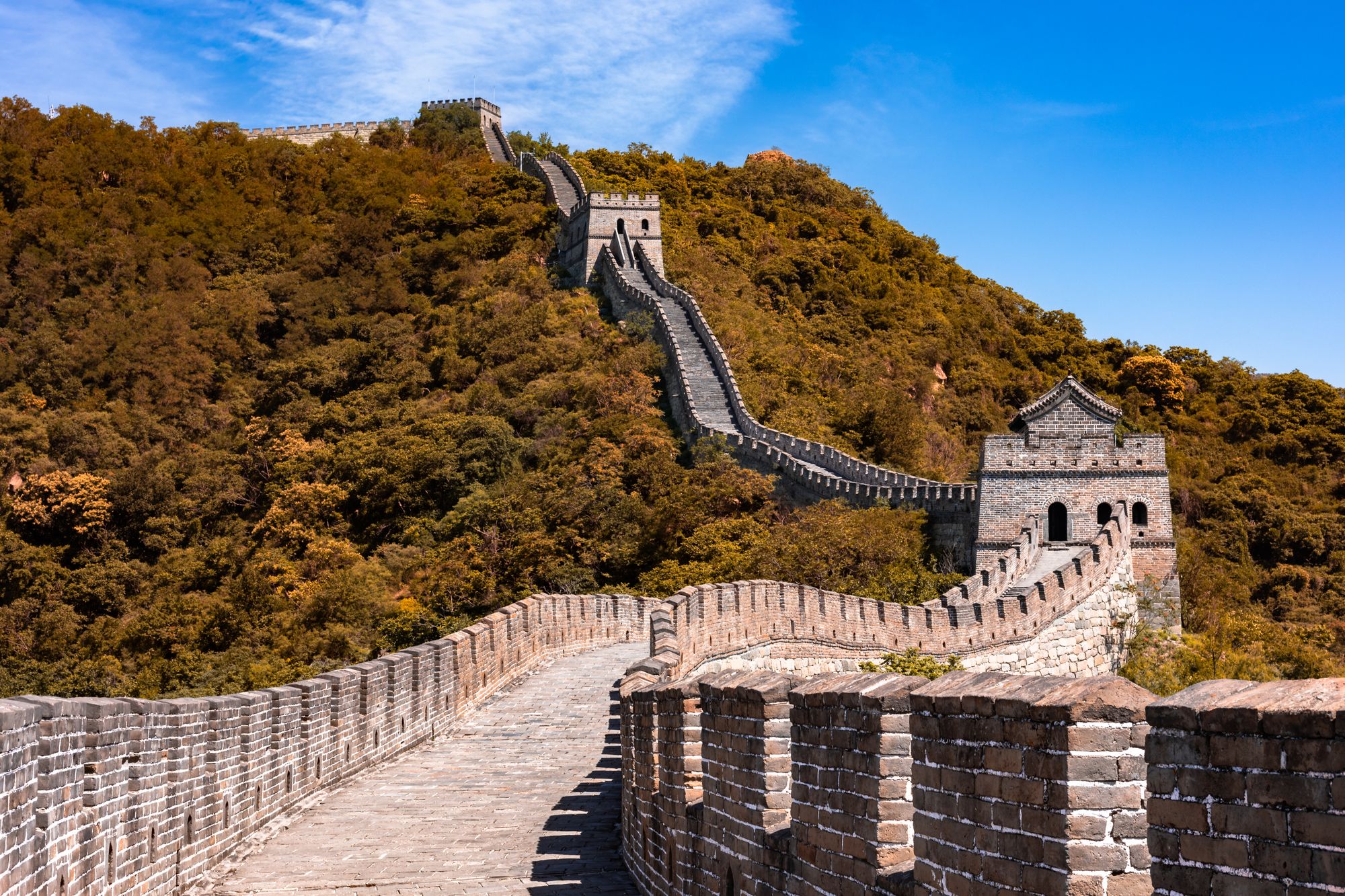 The Great Wall winding through green hills under a bright blue sky